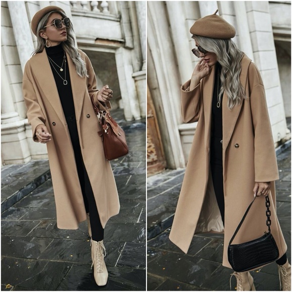 camel tan button long fall trench pea coat fall - Picture 3 of 7